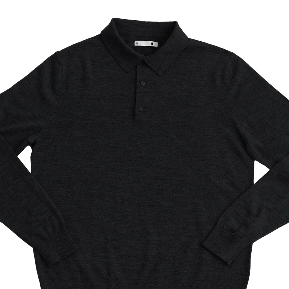 SILENCIOSA Merino Wool Long Sleeve Polo - Black - Image 2