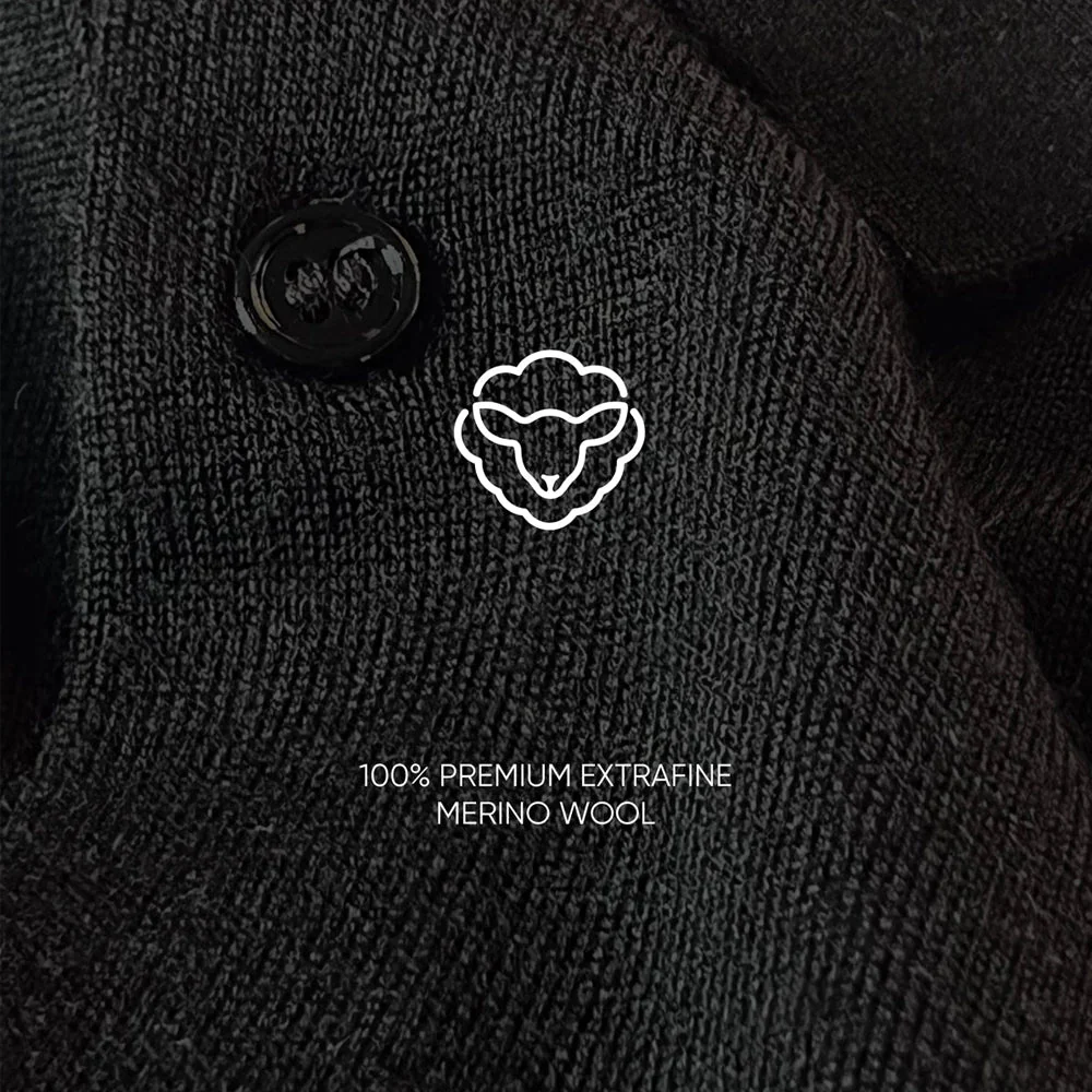 SILENCIOSA Merino Wool Long Sleeve Polo - Black - Image 4