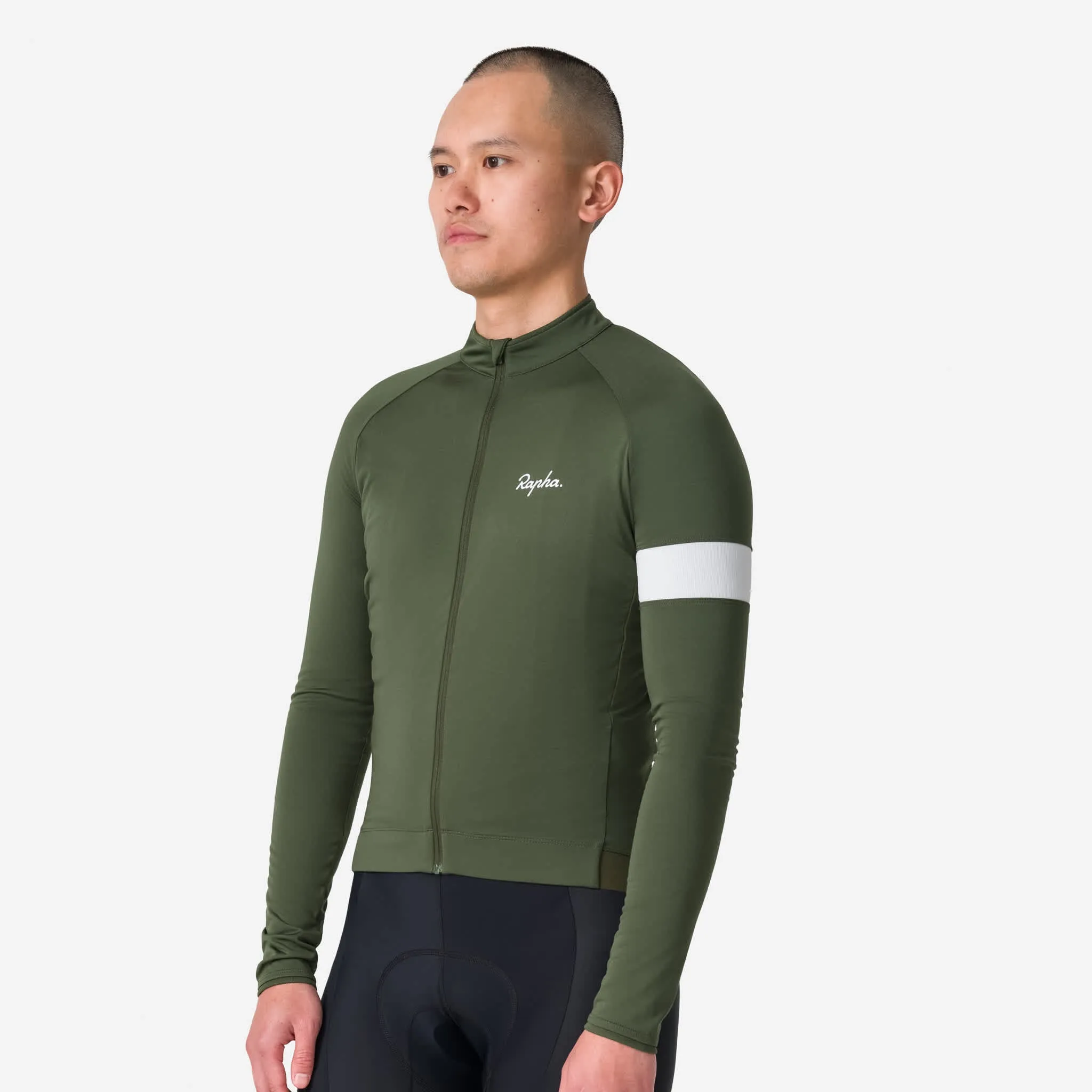 RAPHA Core Thermal Long Sleeve Jersey - KLW Deep Olive Green/White - Image 4