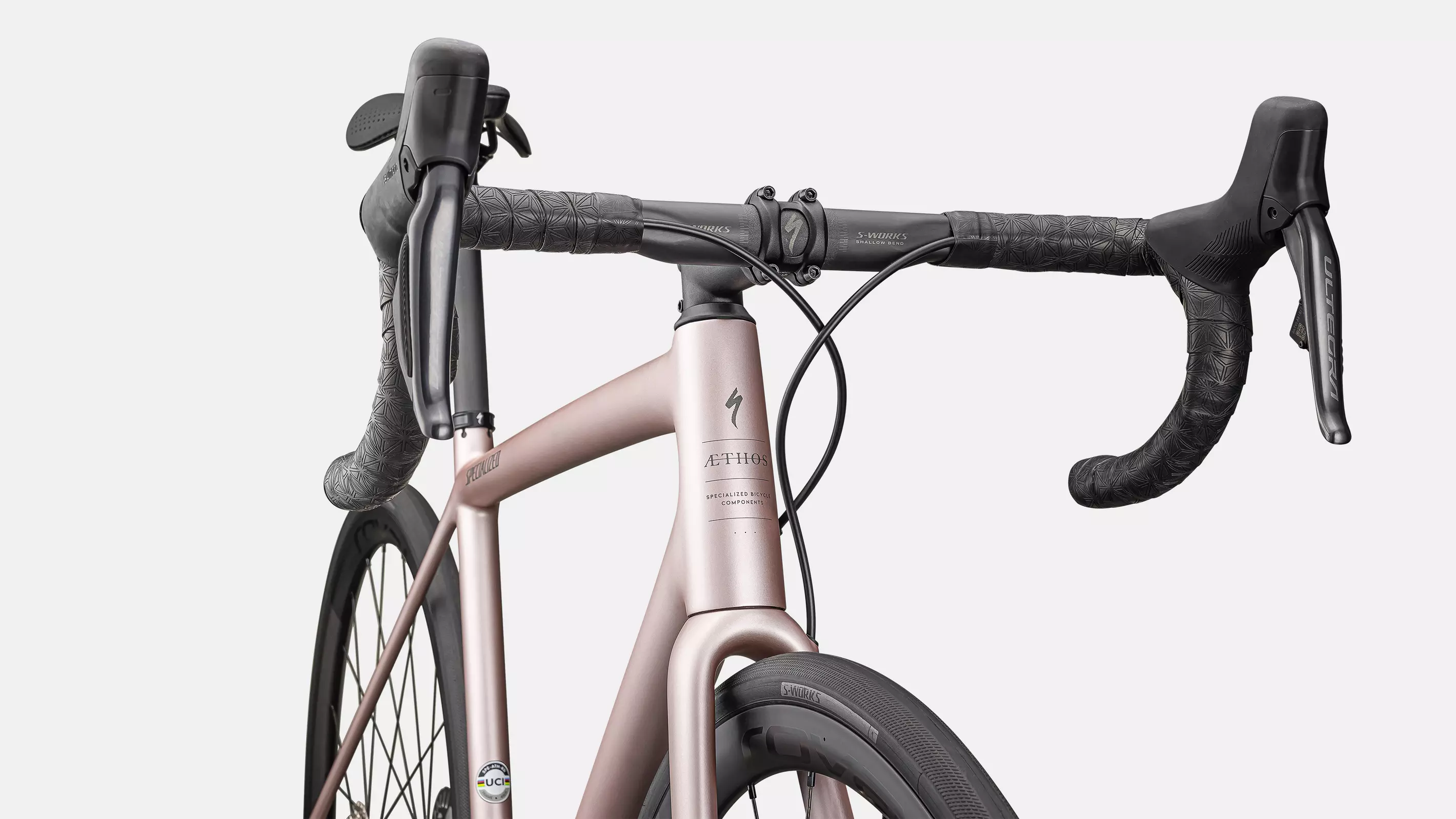 SPECIALIZED AETHOS PRO 2025 Ultegra Di2 Disc Complete Road Bike - Gloss Champagne / Smoke - Image 4