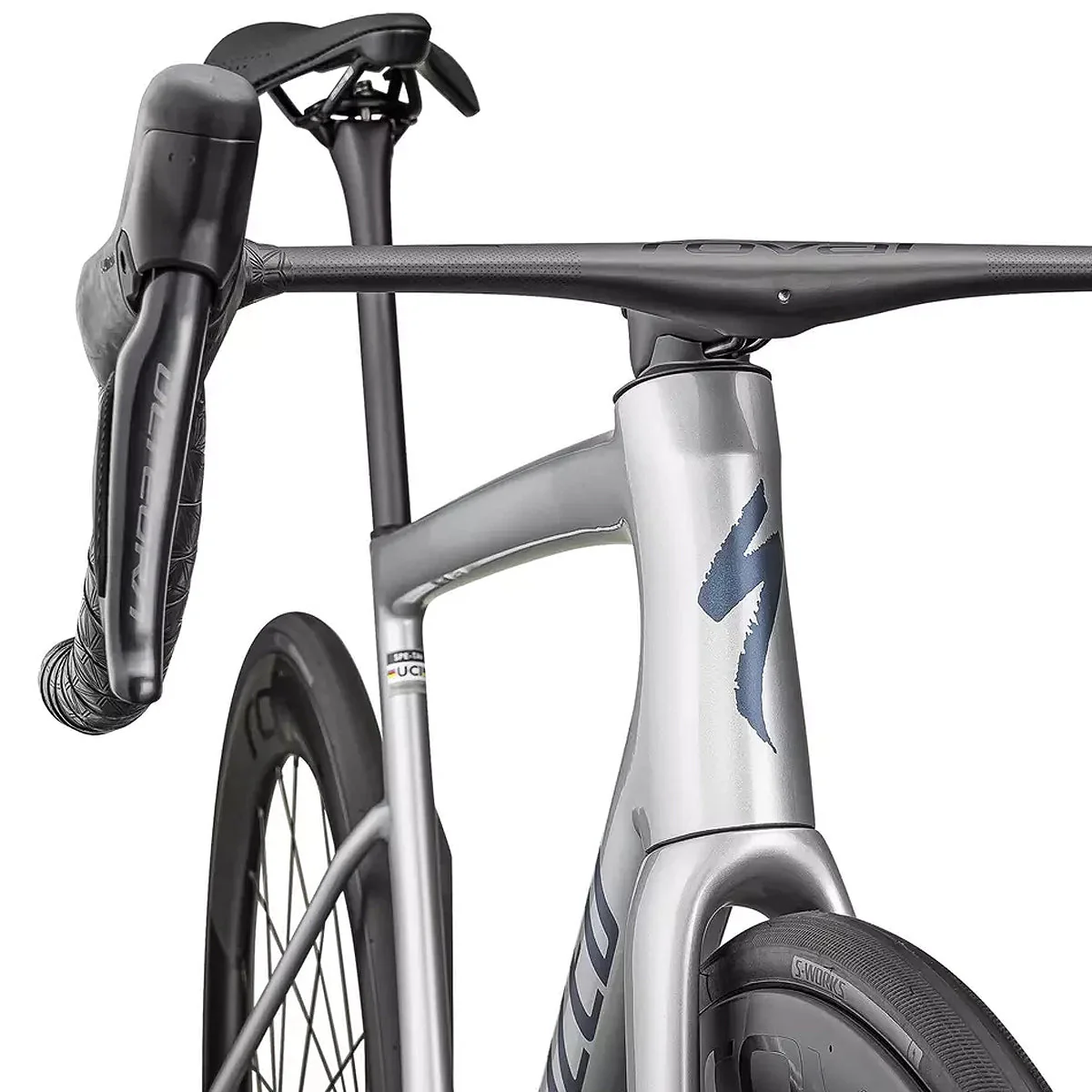 SPECIALIZED Tarmac SL8 Pro 2025 Shimano Ultegra DI2 Road Bike - Gloss Liquid Silver/Satin Blue Pearl Over Black Liquid Metal - Image 4