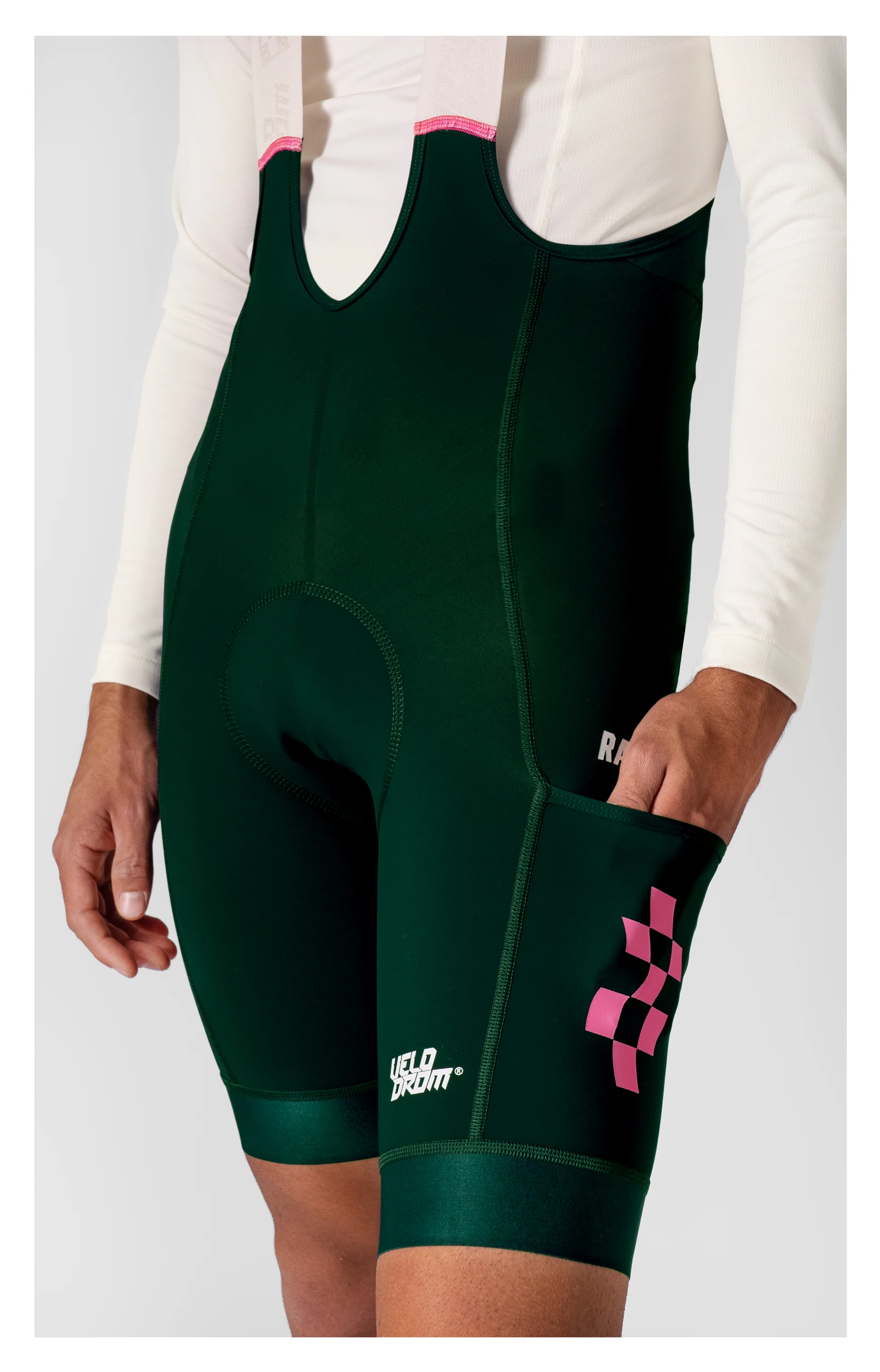 VELODROM Raceday 3.0 Cargo Bib Shorts - Pine Green/Pink - Image 2