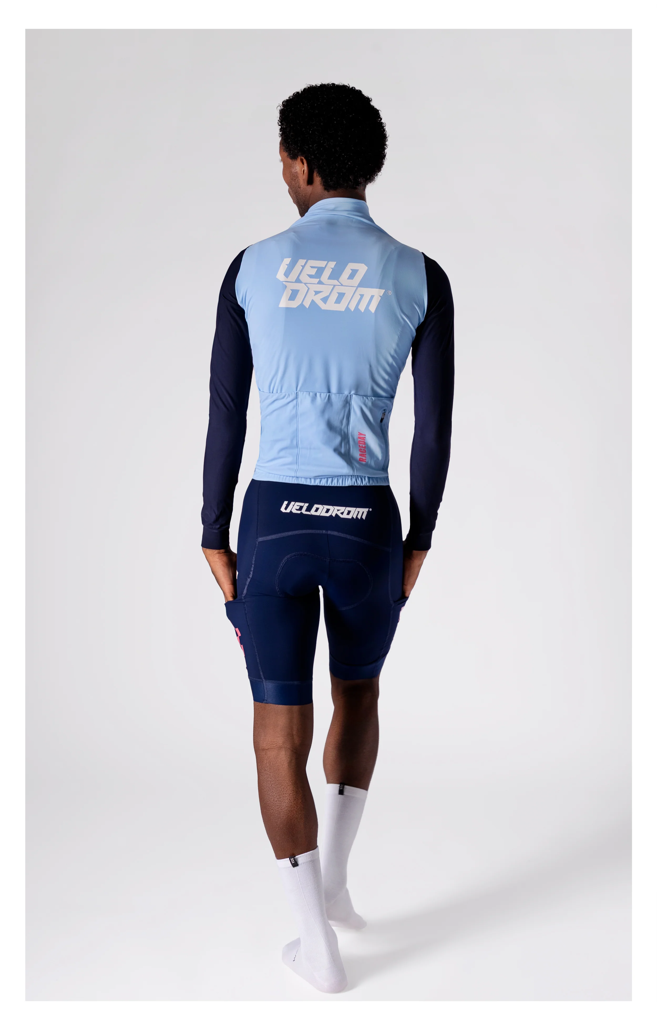 VELODROM RaceDay 3.0 Thermal Long Sleeve Jersey - Light Blue/Dark Navy Dual Sleeves - Image 2