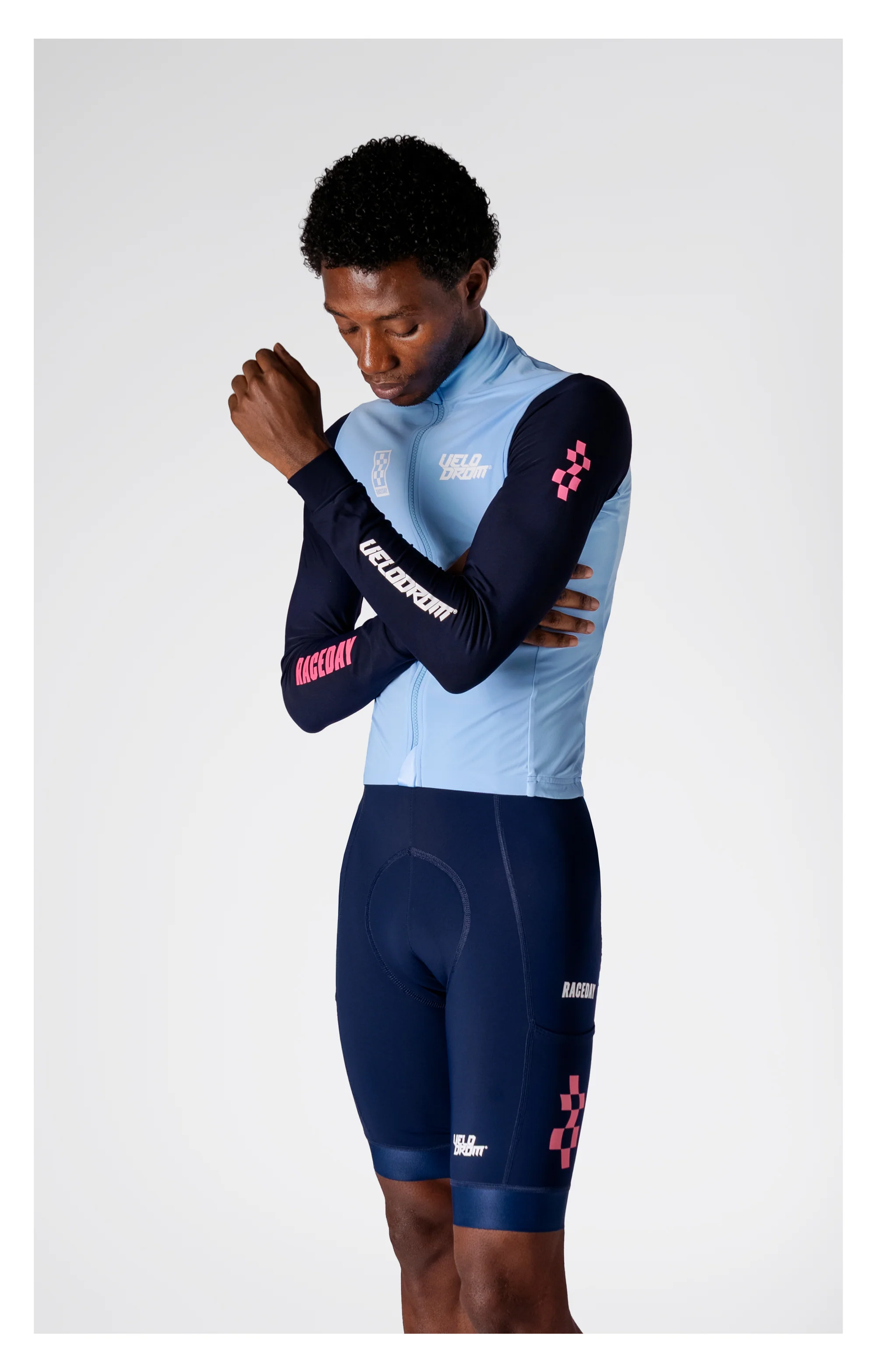 VELODROM RaceDay 3.0 Thermal Long Sleeve Jersey - Light Blue/Dark Navy Dual Sleeves - Image 3