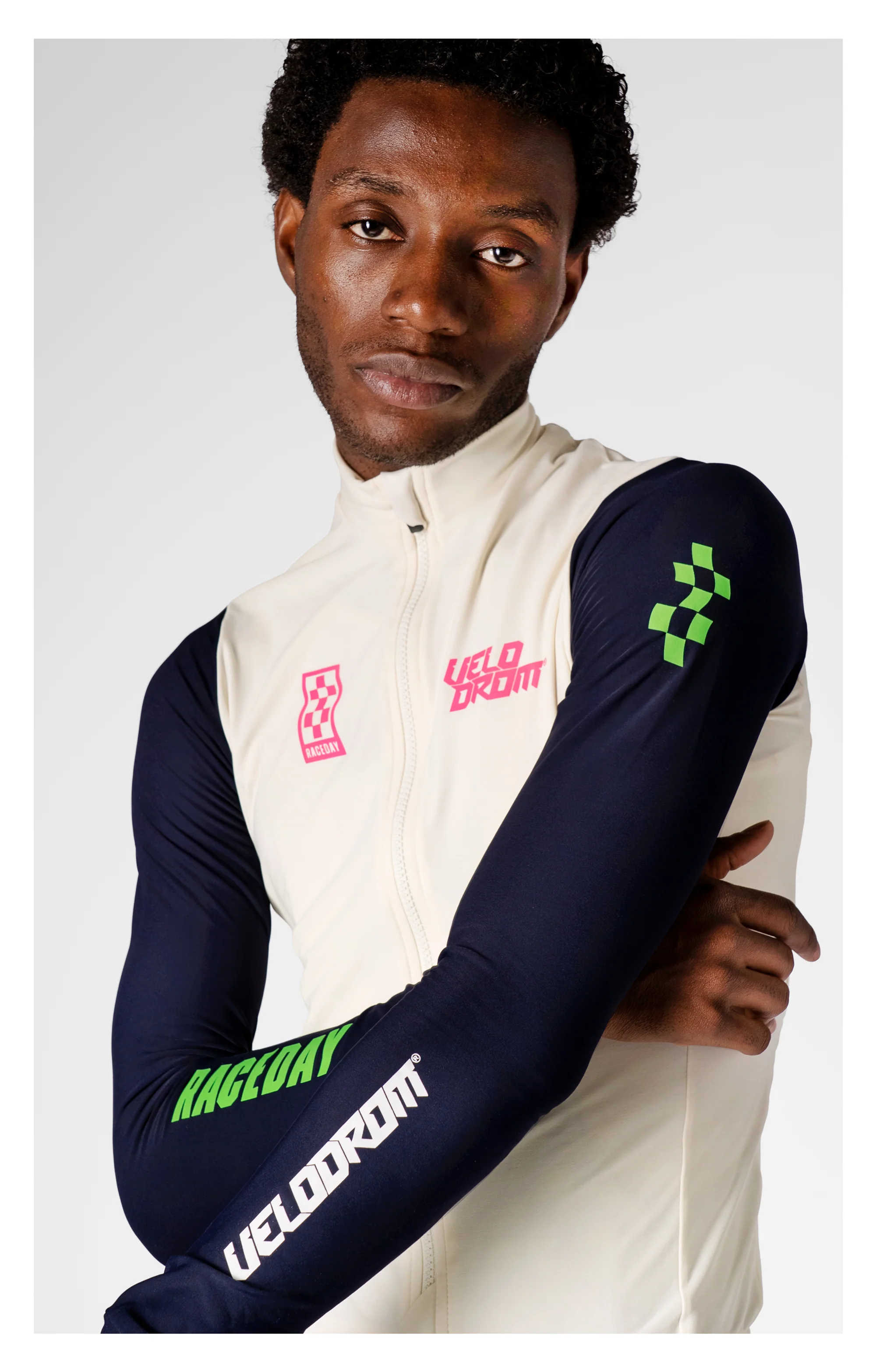VELODROM RaceDay 3.0 Thermal Long Sleeve Jersey - Off White/Dark Navy Dual Sleeves - Image 3