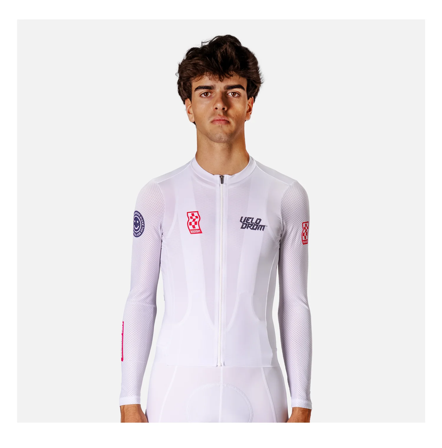 VELODROM Raceday 3.0 Thermal Light Long Sleeve Jersey - White/Navy/Flush Red