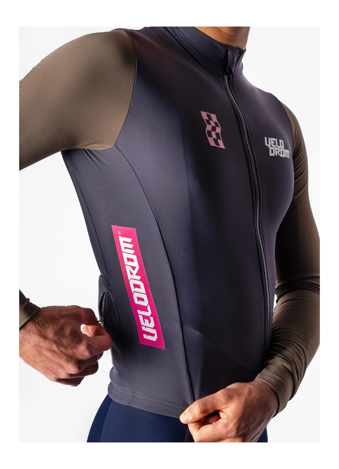 VELODROM RaceDay Thermal Long Sleeve Jersey - Dark Grey/Light Brown Dual Sleeves - Image 7