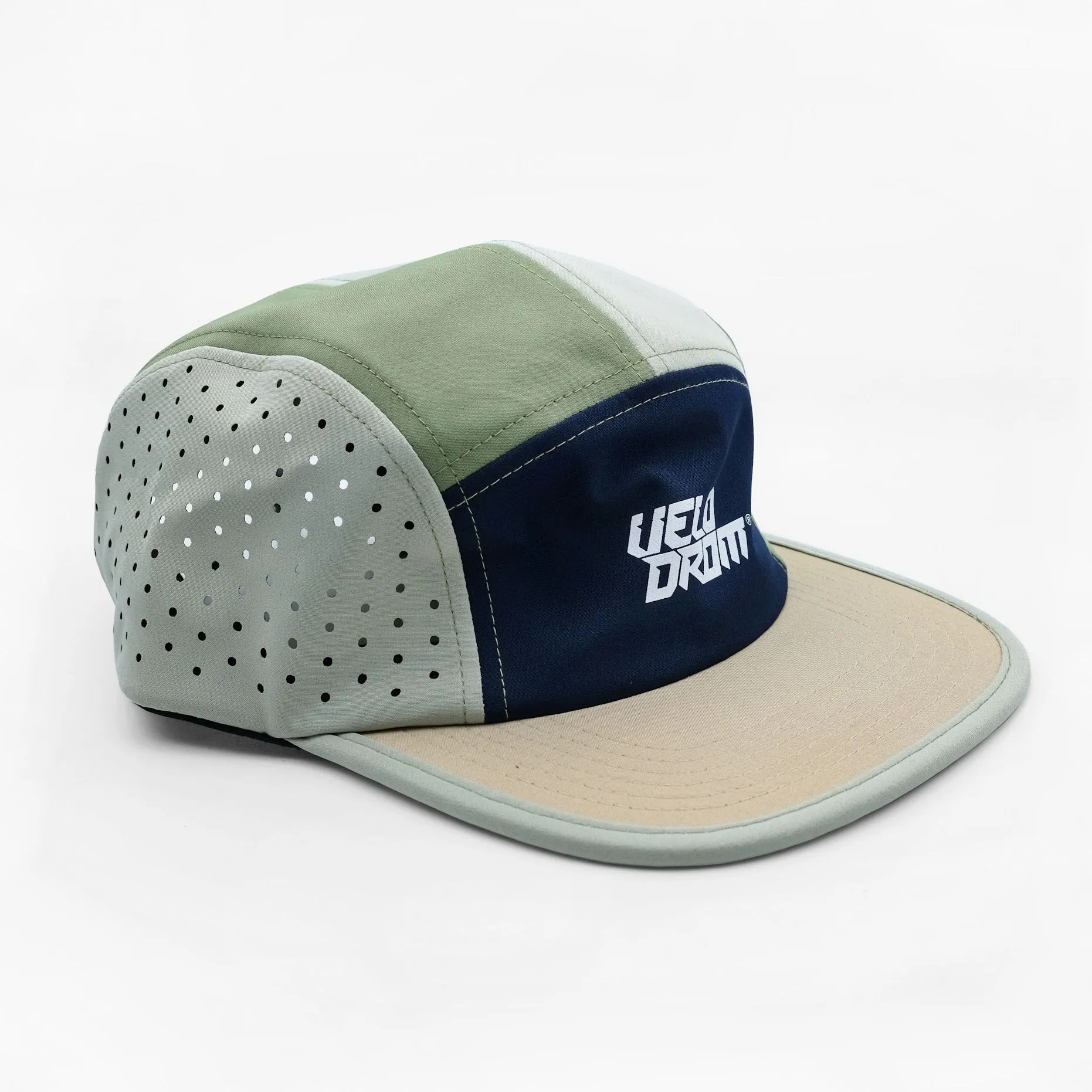 VELODROM Trail 5 Panel Casual Cap - Beige/Navy/Moss Green - Image 2