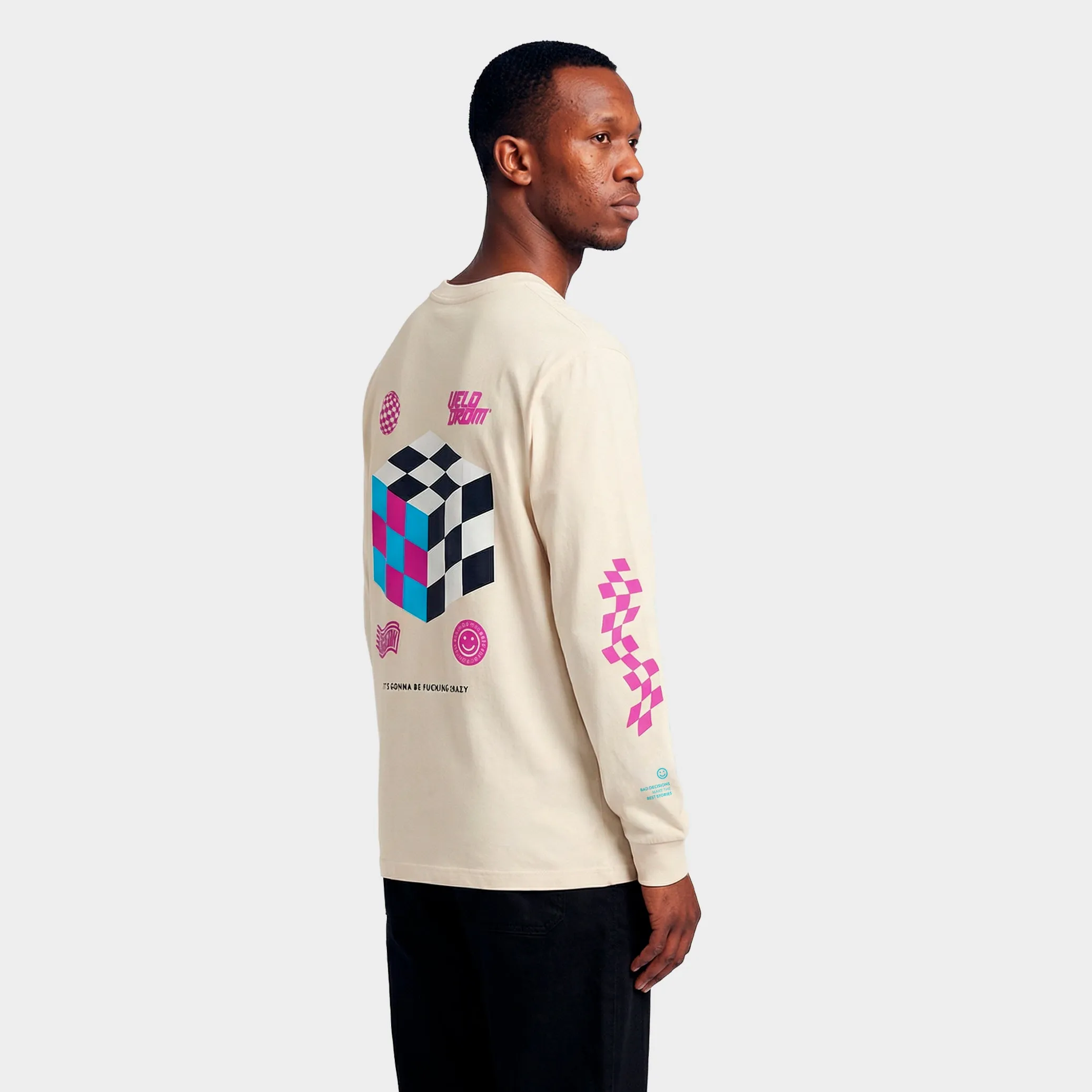 VELODROM XPeriment Long Sleeve Tee - Hand Printed Off White/Fade Aubergine - Image 3